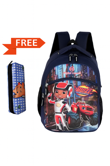 Kids School Backpack with Blaze Cartoon Print | Free Pencil Pouch | Lightweight & Water-Resistant Bag for Boys