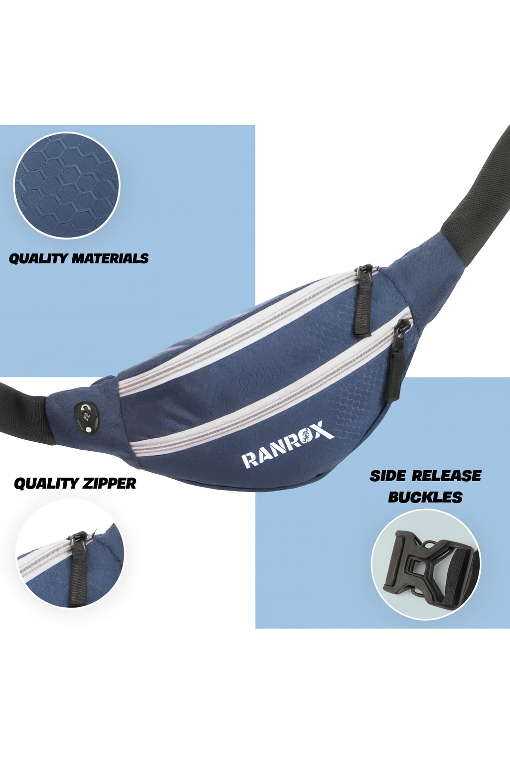RANROX Multipurpose Nylon Waist Bag with Multiple Pockets & Adjustable Strap – Travel, Sports, Cycling, Running