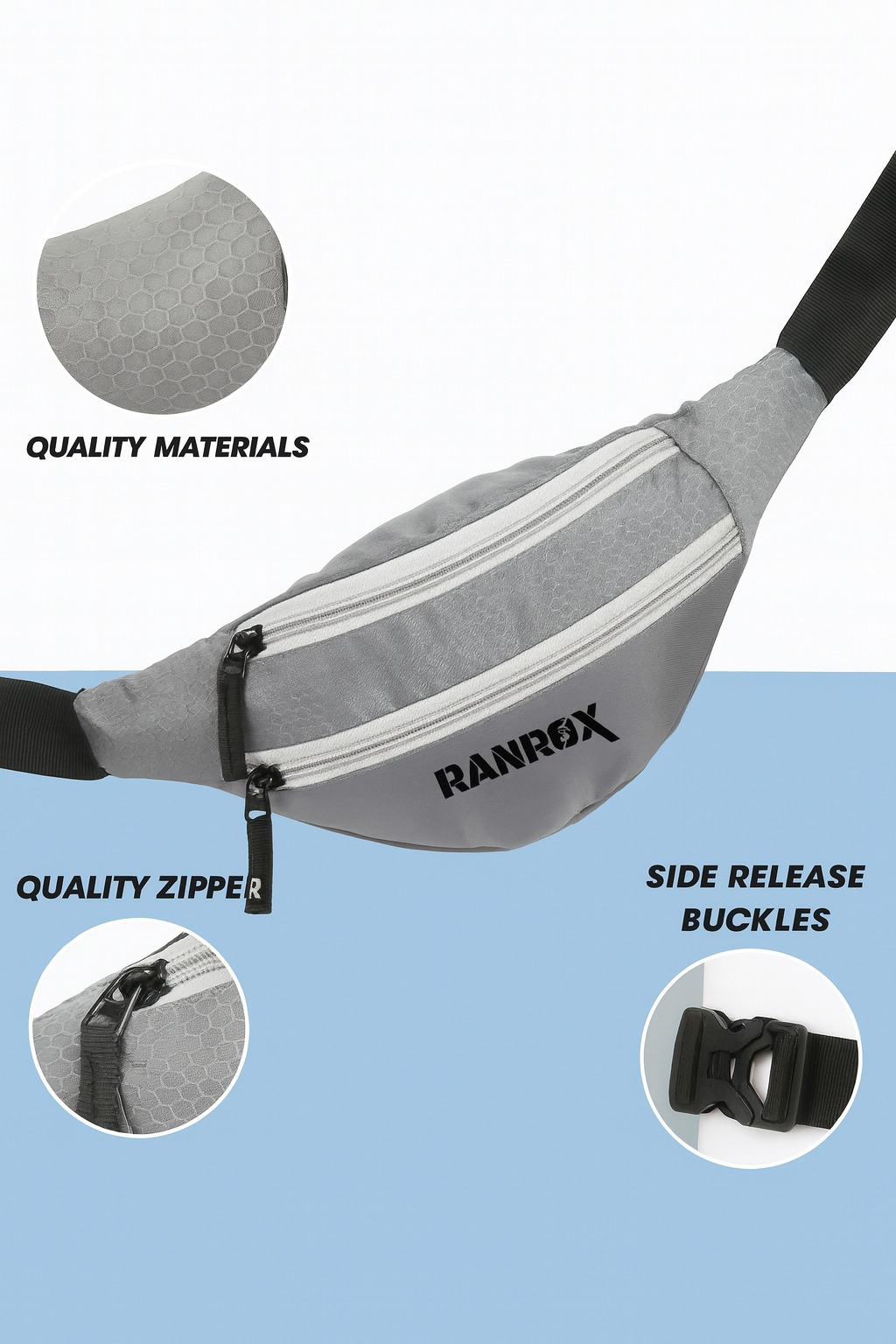 RANROX Stylish & Durable Nylon Waist Bag with Multiple Zipper Pockets | Travel, Sports & Outdoor Use