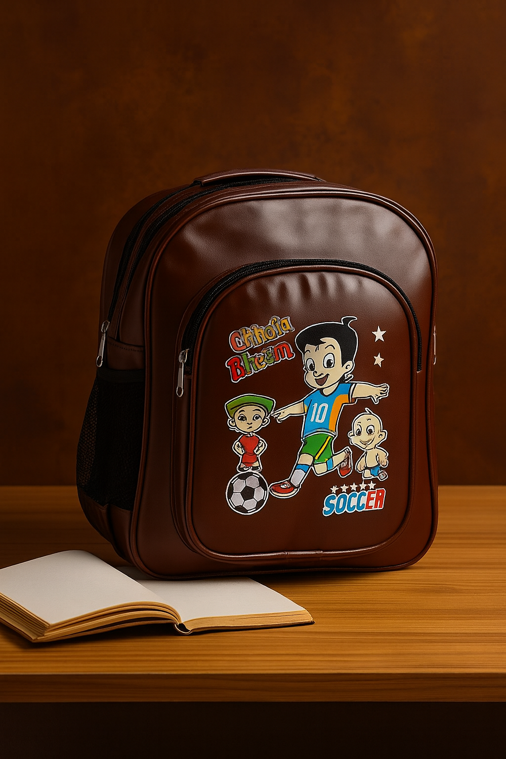 Chhota Bheem Printed Kids School Backpack | Brown Leather Finish | Cartoon Character Bag