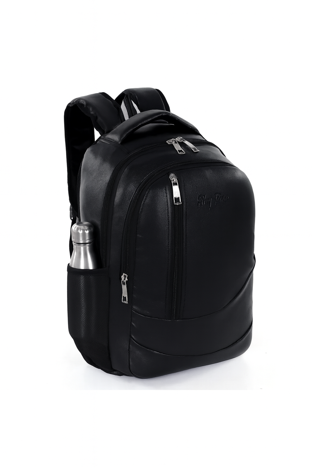 Sky Rose Premium Black Leather Finish Backpack for Men & Women | Stylish Laptop, Office & Travel Bag with Bottle Holder