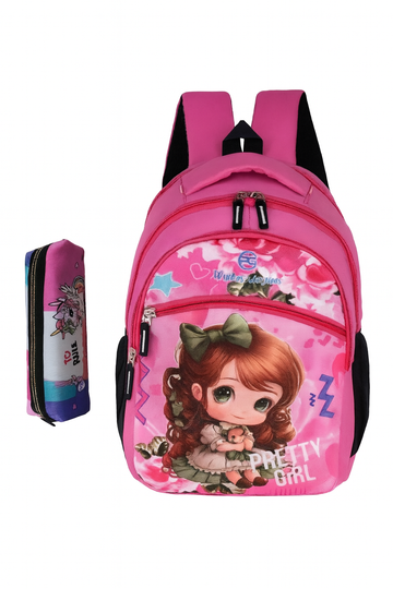 Perfect Genius Pretty Girl Printed School Backpack with Free Pencil Pouch | Pink Cartoon Character Kids Bag | Waterproof & Durable School Bag for Girls