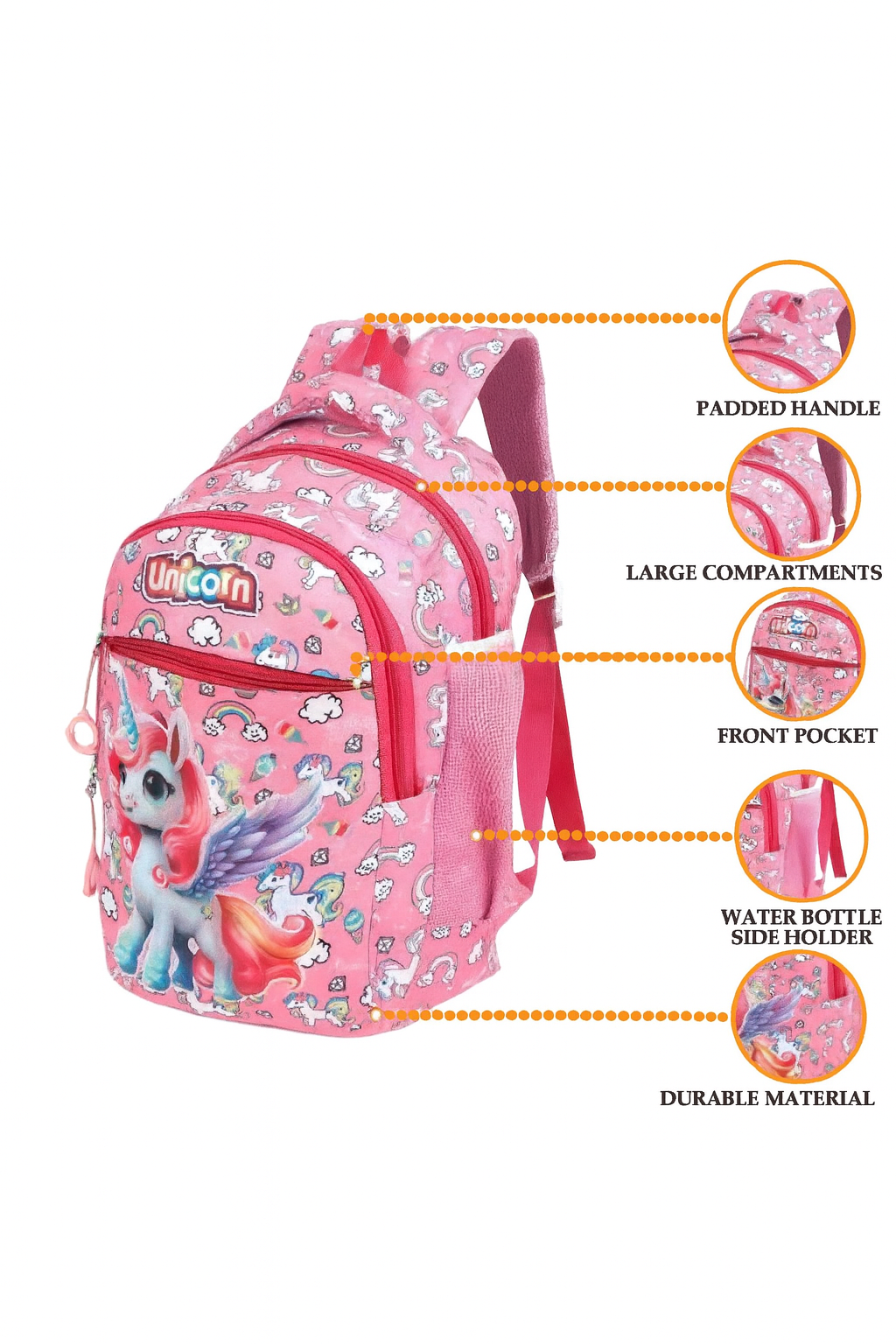 Unicorn Print School Backpack for Girls | 17 Inch | Lightweight & Durable with Padded Handle, Large Compartments, Front Pocket & Water Bottle Holder