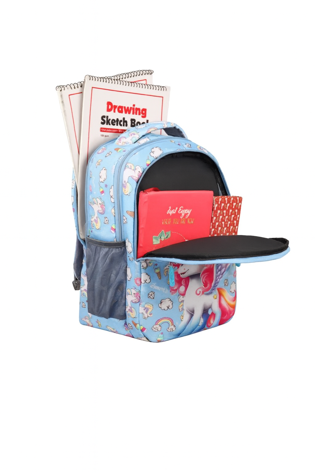 Perfect Genius Unicorn Print Kids School Backpack with Water Bottle Pocket, Durable Straps & Spacious Compartments – Blue