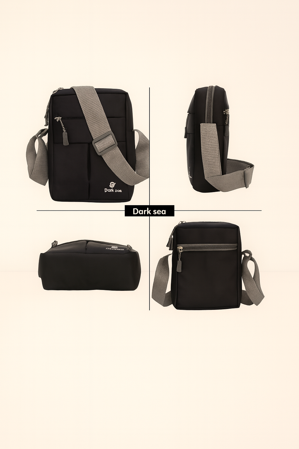 Dark Sea Stylish Black Crossbody Sling Bag with Adjustable Grey Strap – Unisex Casual Shoulder Bag