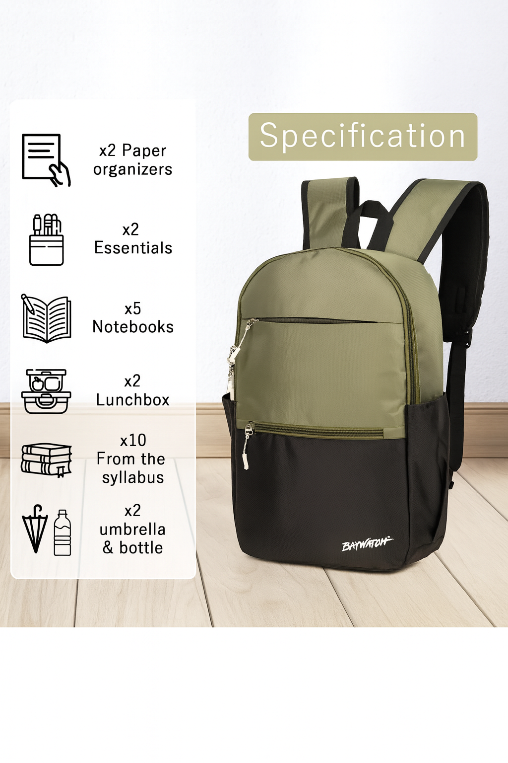 Baywatch Stylish School & Travel Backpack (Olive Green & Black, Waterproof, 30L Capacity)