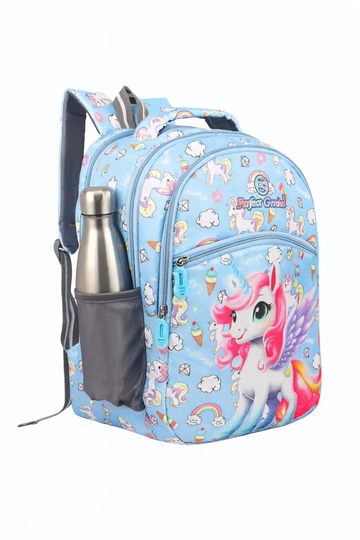 Perfect Genius Unicorn Print Kids School Backpack with Water Bottle Pocket, Durable Straps & Spacious Compartments – Blue