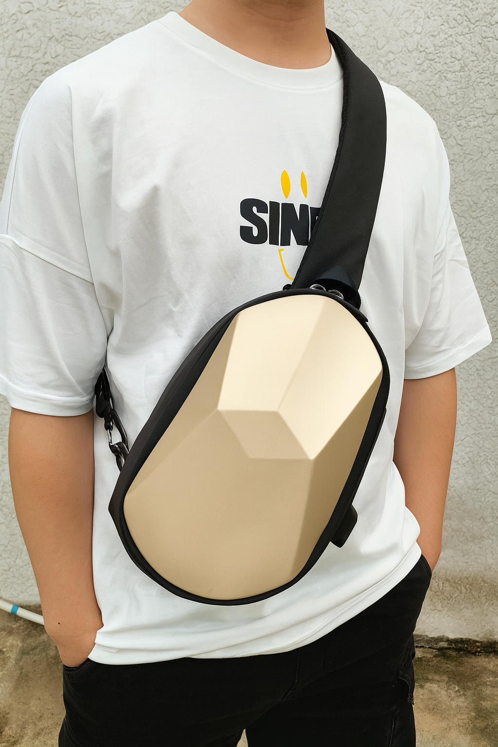 Premium Sand Gold Geometric Sling Bag with USB Charging Port