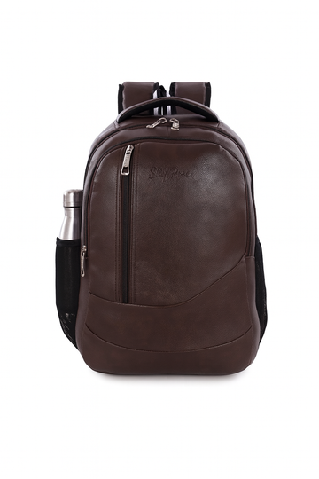 Stylish Brown Leather Backpack with Bottle Holder – Durable & Spacious