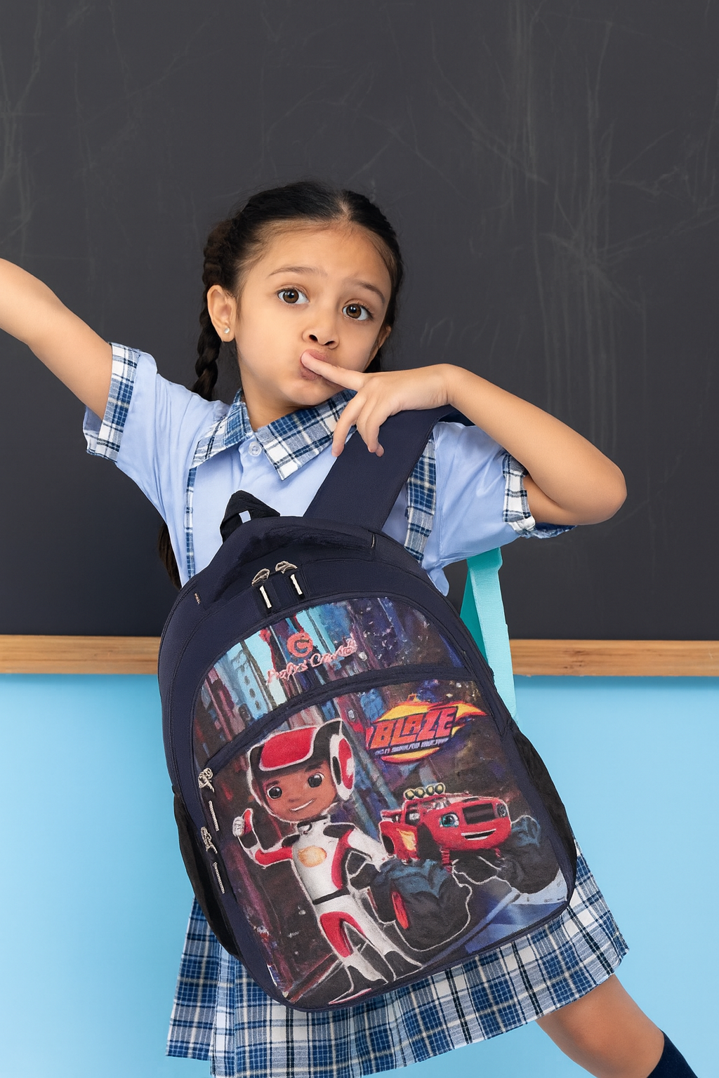 Kids School Backpack with Blaze Cartoon Print | Free Pencil Pouch | Lightweight & Water-Resistant Bag for Boys