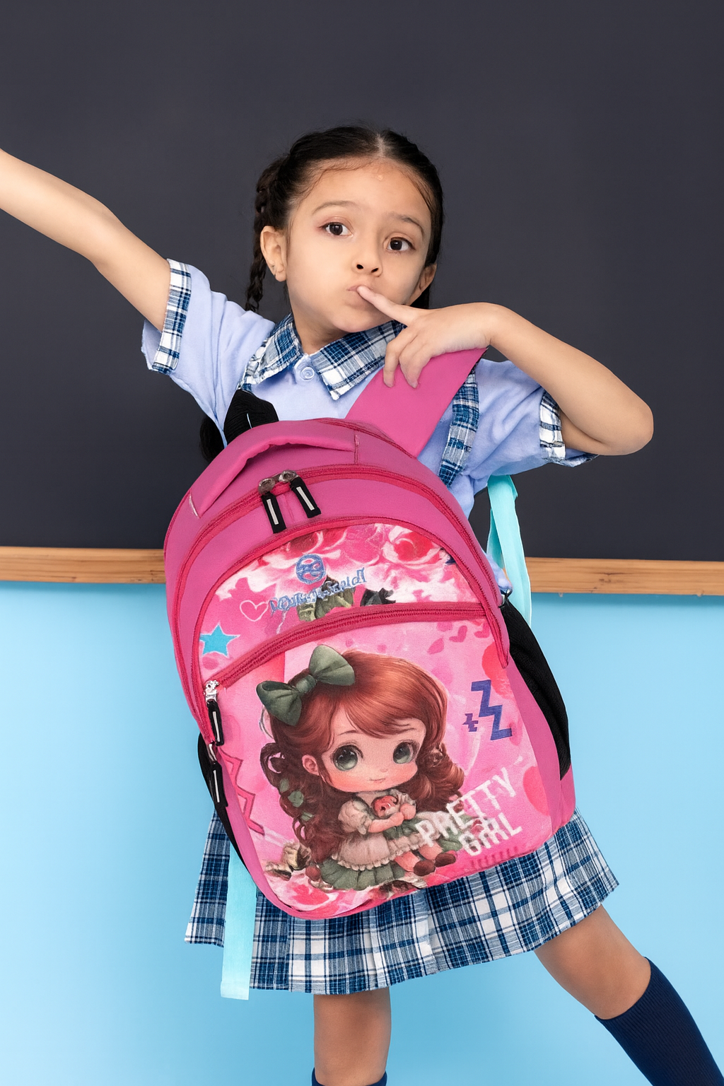 Perfect Genius Pretty Girl Printed School Backpack with Free Pencil Pouch | Pink Cartoon Character Kids Bag | Waterproof & Durable School Bag for Girls