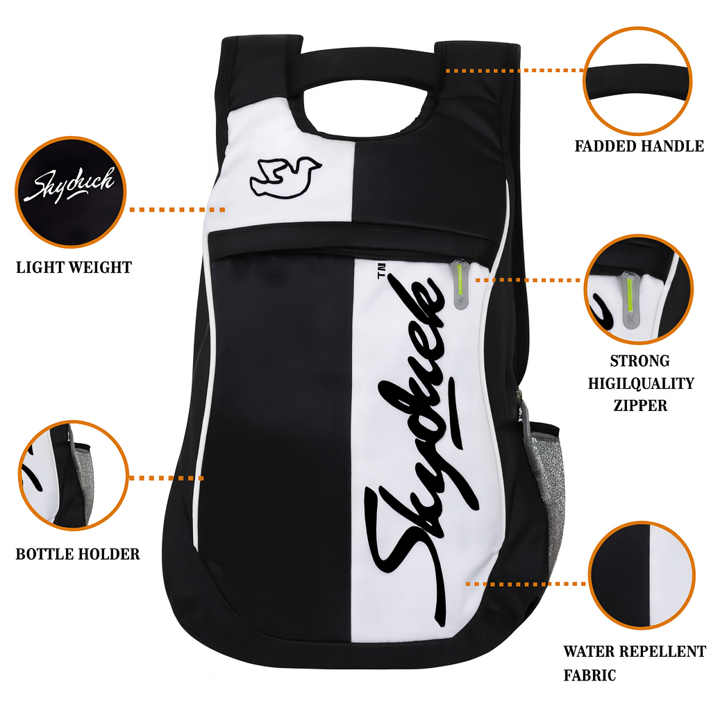 Skyduck Water Repellent Lightweight Backpack with Bottle Holder & Strong Zipper – Black & White