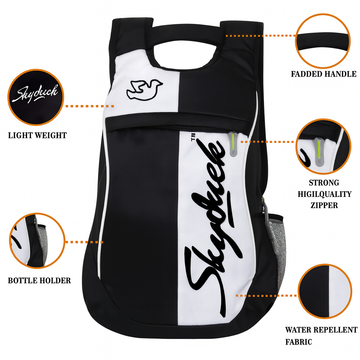 Skyduck Water Repellent Lightweight Backpack with Bottle Holder & Strong Zipper – Black & White