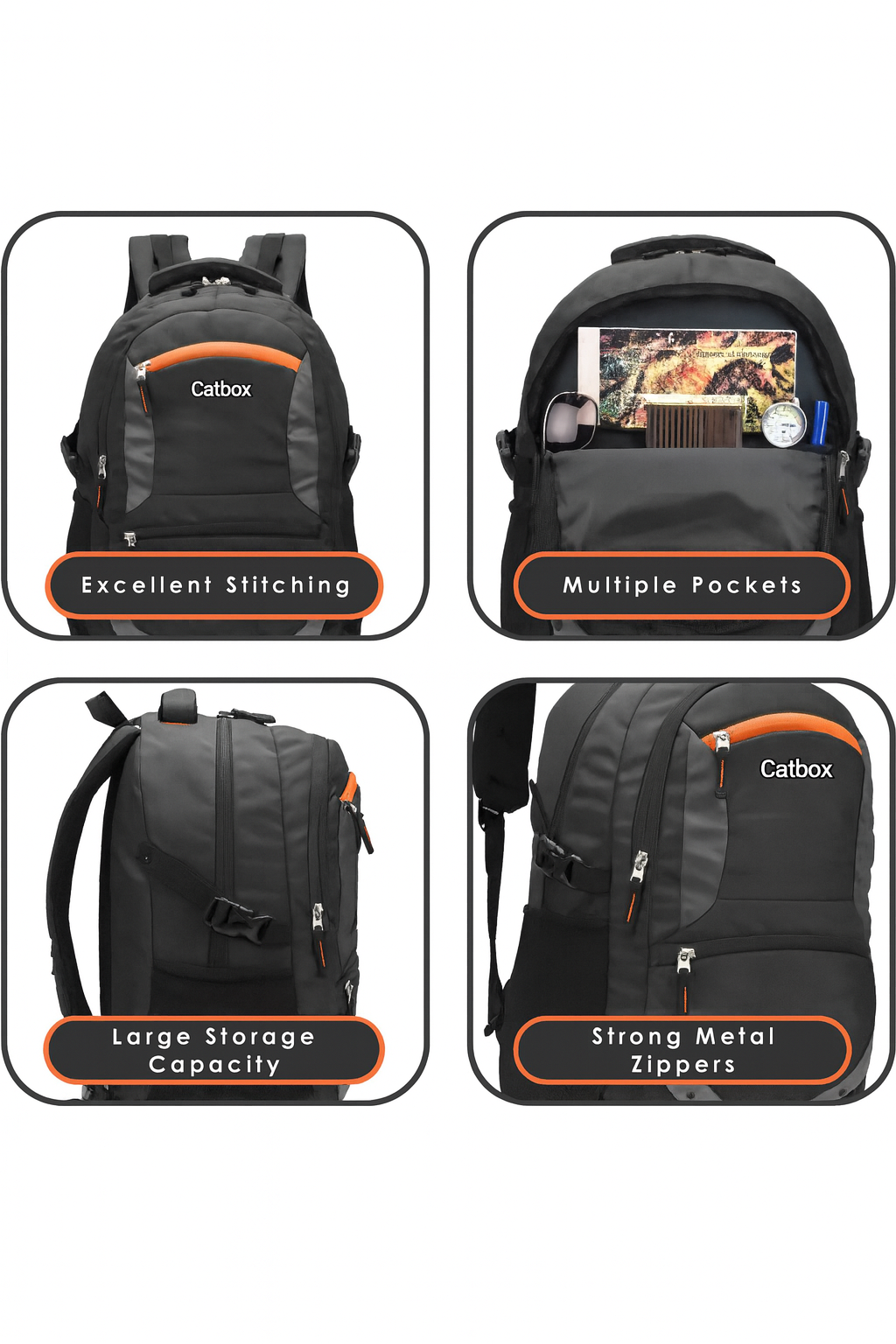 Catbox Premium Backpack with Large Storage & Multi Pockets – Black & Orange