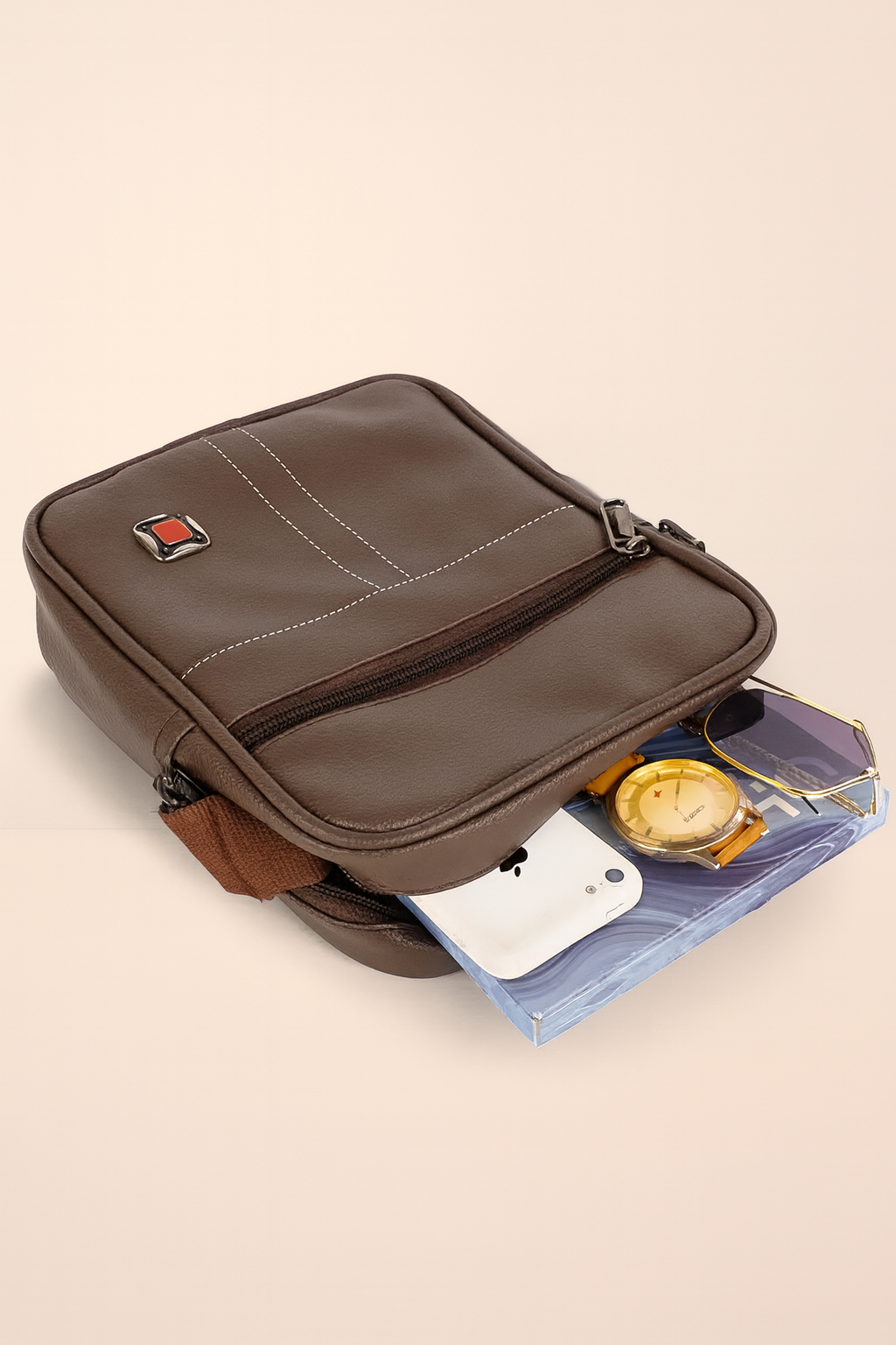 Stylish Brown Crossbody Sling Bag with Adjustable Strap & Metal Zipper
